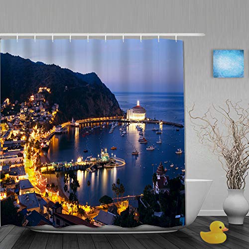 USOPHIA Cortina de baño Repelente al Agua,Isla Santa Catalina California Océano Cielo Montañas Noche Ciudad Luces,Cortinas de baño de poliéster de diseño 3D con 12 Ganchos