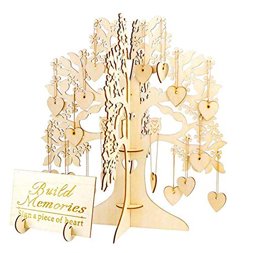 Árbol de deseos de madera 3D con 100 piezas de adornos colgantes de corazón, manualidades de madera de bricolaje para decoraciones de bodas de fiesta en el hogar libro de visitas de boda