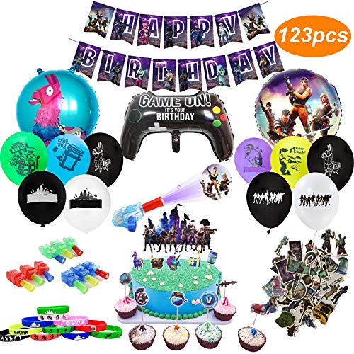 Artículos de Fiestas para Fanáticos de los Videojuegos 123PCS Decoraciones para Cumpleaños de Tema de Videojuegos con Globos Pancartas Pulseras Luces de Dedo Pegatinas Adornos para Pasteles