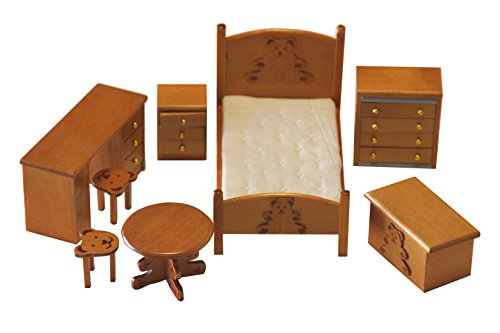 Conjunto dormitorio infantil 8 piezas en madera color miel. Escala 1/12. Apto para todas las casas de muñecas estandar