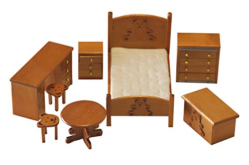 Conjunto dormitorio infantil 8 piezas en madera color miel. Escala 1/12. Apto para todas las casas de muñecas estandar Conjunto dormitorio infantil 8 piezas en madera color miel. Escala 1/12. Apto para todas las casas de muñecas estandar