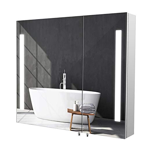 Homfa Armario de Pared Armario Baño con Espejo Armario Baño con Luz LED 2 Puertas 2 Compartimentos de Acero Inoxidable 76x66x13cm