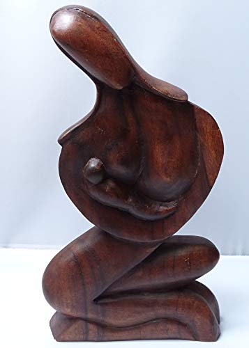 kenta artesanias Figura Madera Madre y Bebe Africana- labarada a Mano, 30 cm de Altura x una Base 16 cm x 3.5 cm