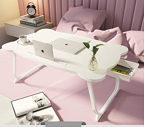 Mesa De Cama para Computadora PortáTil, Escritorio PortáTil De Pie Plegable con Ranura para Taza De Té, Ranura para Tarjeta Y CajóN Oculto para Sofá Cama Terraza BalcóN, Blanco 2