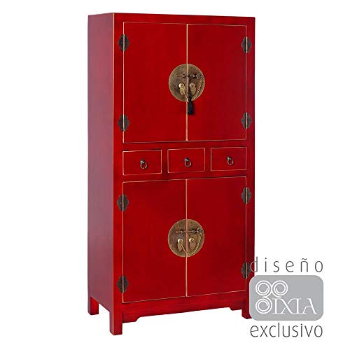 PEÑA VARGAS Mueble Auxiliar-Armario Oriente Rojo 4 Puertas 2 Cajones (63x33x131), Madera, 63x33x131 cm