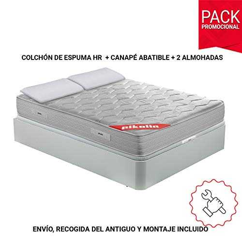 PIKOLIN Pack Colchón viscoelástico Espuma HR 135x190, canapé Base abatible Blanco y Dos Almohadas de Fibra