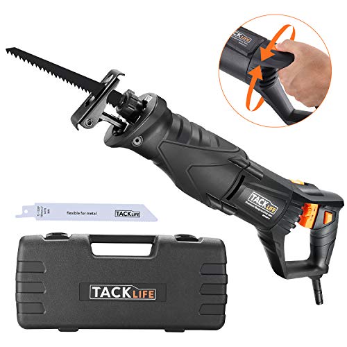 TACKLIFE Sierra Sable, 850W, 0~2,800SPM, Manija Giratoria (Izquierda y Derecha 90º), Gatillo de Velocidad Variable, 2 Hojas (Madera 6T HCS, Metal 14T BIM), Caja de Transporte/ RPRS01A