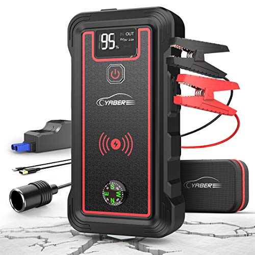 YABER Arrancador de Coches, 23800mAh 2500A Arrancador de Baterias de Coche (para Todo vehículo de Gasolina o 8.0L de Diesel), con Cargador Inalámbrico y Linterna LED, Brújula,Martillo de Seguridad YABER Arrancador de Coches, 23800mAh 2500A Arrancador de Baterias de Coche (para Todo vehículo de Gasolina o 8.0L de Diesel), con Cargador Inalámbrico y Linterna LED, Brújula,Martillo de Seguridad