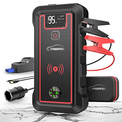 YABER Arrancador de Coches, 23800mAh 2500A Arrancador de Baterias de Coche (para Todo vehículo de Gasolina o 8.0L de Diesel), con Cargador Inalámbrico y Linterna LED, Brújula，Martillo de Seguridad