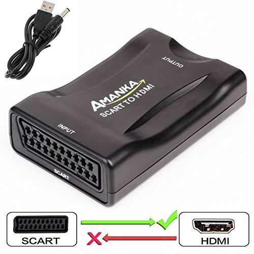 AMANKA Convertidor Euroconector a HDMI Conversor de Audio Vídeo 1080p Reproductor de Adaptador Entrada Scart Salida HDMI Apoyo 720/1080P para HDTV,DVD BLU-Ray,VCR,Proyector,VHS,PS1,PS2,Xbox