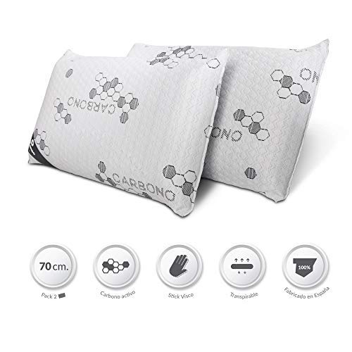 Don Descanso Pack 2 Almohadas de Carbono Activo con Copos Viscoelástica, 70cm, Firmeza Media, Ergonómicas, Adaptables a Cabeza y Cuello, Transpirables, Tejido Strech. Fabricadas en España.