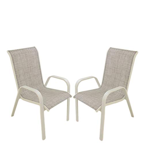 Edenjardi Pack 2 sillones de terraza apilable, Tamaño: 57x74x96,5 cm, Aluminio Reforzado Color Blanco y textilene taupé Jaspeado
