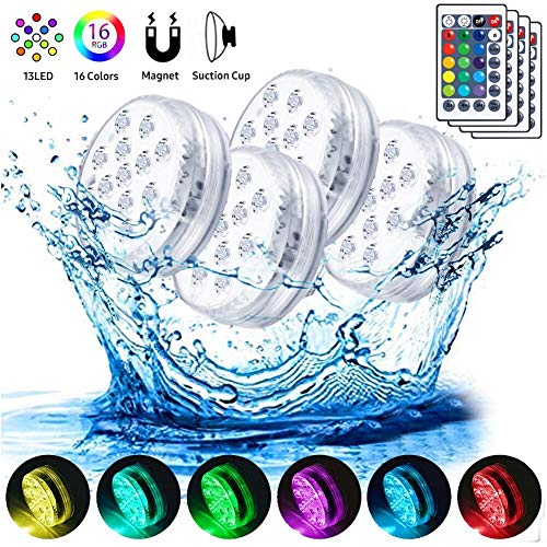 flintronic Luces LED Sumergibles, 4Pcs 13LED RGB Multi cambio de color Piscina Luz LED Impermeable,Control Remoto Bajo El Agua Luz para base de florero, jacuzzi, tanque de peces, Acuario Decoración