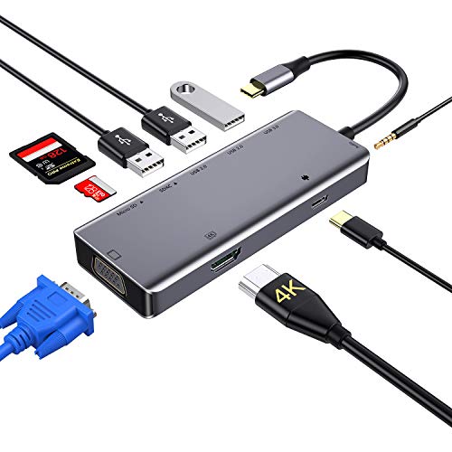 Hub USB C, concentrador tipo c 9 en 1 con 4K HDMI,VGA,USB 3.0, USB-C Power Delivery, 3,5mm Audio Jack,Lector de Tarjetas SD/TF, Samsung Dex Adaptador para MacBook Pro 2019 y más dispositivos (Grey) Hub USB C, concentrador tipo c 9 en 1 con 4K HDMI,VGA,USB 3.0, USB-C Power Delivery, 3,5mm Audio Jack,Lector de Tarjetas SD/TF, Samsung Dex Adaptador para MacBook Pro 2019 y más dispositivos (Grey)