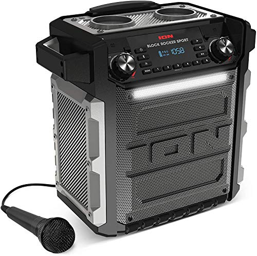 ION Audio Block Rocker Sport - Altavoz Impermeable Ultra-Portátil de 100 Vatios con Batería Recargable de Larga Duración, Bluetooth, Micrófono, Radio Am/FM, Barra de Luces y Entrada Auxiliar