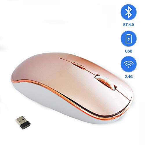 Jaybest Ratón Inalámbrico Bluetooth Recargable + 2.4G Dual Models Silencioso Portátil Mouse con 3 Niveles de dpi para Computadora Portátil, PC, Air,iMac, MacBook Pro/con Windows/Android. (Oro Rosa)