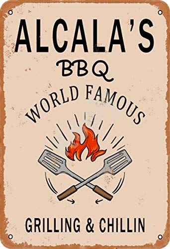Keely Alcala'S BBQ World Famous Grilling & Chillin Metal Vintage Cartel de Chapa Decoración de la Pared 12x8 Pulgadas para Cafe Bares Restaurantes Pubs Hombre Cueva Decorativo