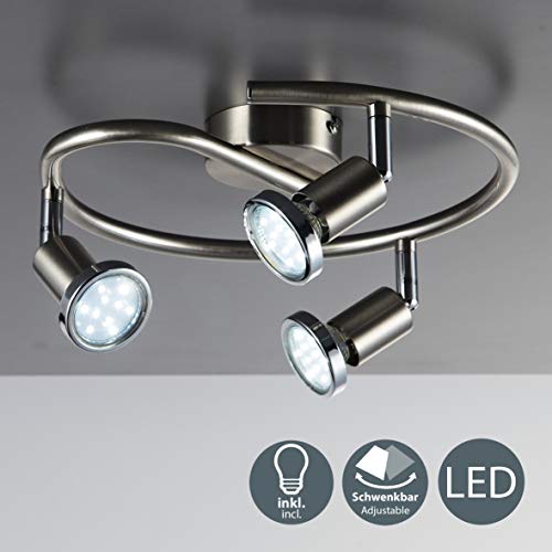 Lámpara de techo con focos giratoria incl. 3 x 3W bombillas LED GU10 I Aplique de salón I luz blanco cálido 3000K I IP20 I 250lm I níqul mate I 3 Focos Lámpara de techo con focos giratoria incl. 3 x 3W bombillas LED GU10 I Aplique de salón I luz blanco cálido 3000K I IP20 I 250lm I níqul mate I 3 Focos