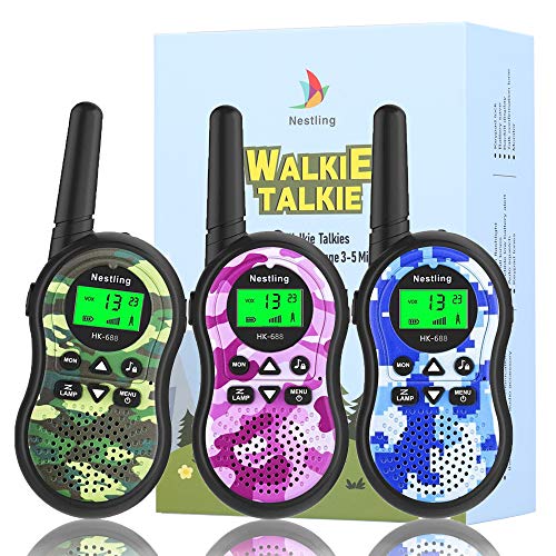Nestling Walkie Talkie Niños, Camuflaje al Aire Libre 8 Canales LCD Pantalla Linterna Incorporado VOX, Rango de 3KM, 10 Tonos de Llamada Walkie Talkie Niñas Juguete Regalo (3pcs Camuflaje)