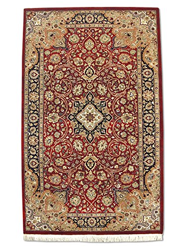 Pak Persian Rugs Hecho a Mano Tradicional Persa Alfombra Isfahan, Lana/Art. Seda (destacados), Rojo Oscuro, 94 x 158 cm, 3 de 1 "x 5 '2" (ft)