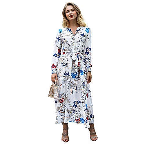 Vestido de Verano Mujer Alquiler de impresión con Cuello en V Manga Larga de la Correa de la Primavera y el otoño Vestido de Las Mujeres Vacaciones Playa Casual (Color : Blanco, Size : M)