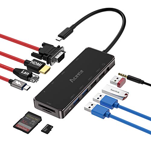 Aceele Hub USB C 11-en-1, Hub Tipo C con HDMI y VGA, 4 Puertos USB 3.0, RJ45 gigabytes Ethernet, Audio, Type c PD, Lector de Tarjetas SD&TF para Macbook Pro 2018/2019, Galaxy S10, etc.