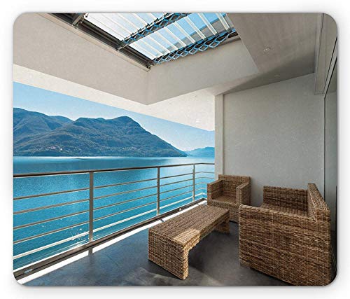 Alfombrilla de ratón para patio, balcón veranda del ático de verano con impresión de imagen con vista al mar, tamaño estándar, alfombrilla de goma rectangular antideslizante, azul cielo, verde oscuro Alfombrilla de ratón para patio, balcón veranda del ático de verano con impresión de imagen con vista al mar, tamaño estándar, alfombrilla de goma rectangular antideslizante, azul cielo, verde oscuro