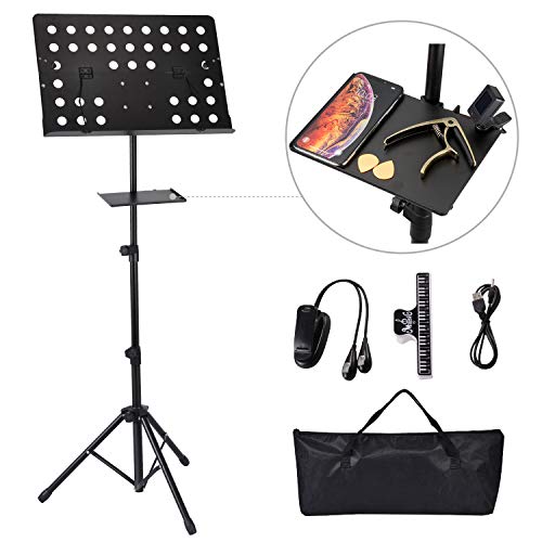 Atril Musica Plegable, EXJOY Atril de Partituras Portátil con Bolsa Ligera de transporte, Soporte de Música Profesional con Bandeja, Altura Ajustables, Negro