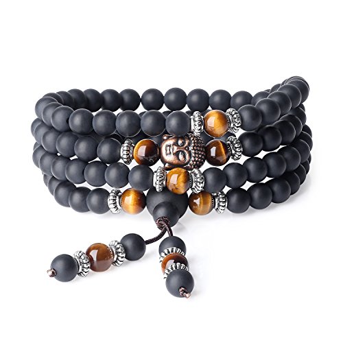 COAI® Pulsera Collar de 108 Cuentas Mala Piedra Natural Ónice Mate y Ojo de Tigre Marrón Budista 6mm COAI® Pulsera Collar de 108 Cuentas Mala Piedra Natural Ónice Mate y Ojo de Tigre Marrón Budista 6mm
