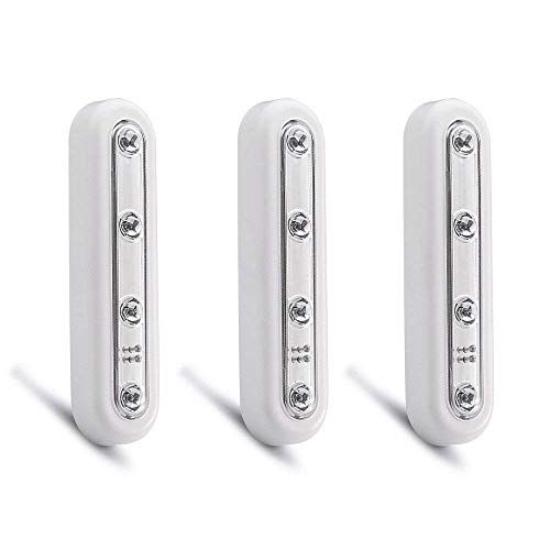 DIY Stick-on 4-LED Touch Luz de toque de luz, LED Night White LED Touch Operated Battery Luz de armario con luz de almohadillas para Closets, Áticos, Garajes, Sala de almacenamiento (3paquetes)