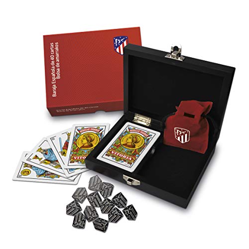 Fournier Oficial del Atlético de Madrid Conjunto de Mus para Regalo en Caja de Madera con Baraja de Cartas Española y Amarracos, Colchonero