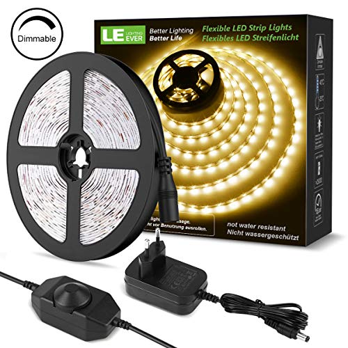 LE LED Luces de Tiras Regulables, 5M 1200lm, Blanco Cálido 3000K, 300 LEDs, Enchufe en la tira de luz para gabinete, armario y más, Incluido Fuente de alimentación de 12V y regulador de intensidad LE LED Luces de Tiras Regulables, 5M 1200lm, Blanco Cálido 3000K, 300 LEDs, Enchufe en la tira de luz para gabinete, armario y más, Incluido Fuente de alimentación de 12V y regulador de intensidad