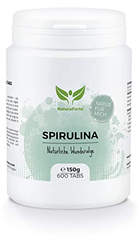 NaturaForte Espirulina en Tabetas de - 600 Tabletas de espirulina de alta dosis, Espirulina en polvo de algas sin aditivos, Vegana, Vitamina B12 y K, Superfood, Probado en laboratorio en Alemania