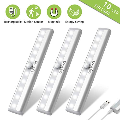 OxyLED Luz del sensor de movimiento,(10 LED 3pcs) Sensor USB recargable Luz del guardarropa,Luz de la noche del armario del LED con Encendido/apagado automático,para gabinete,Espejo de vanidad