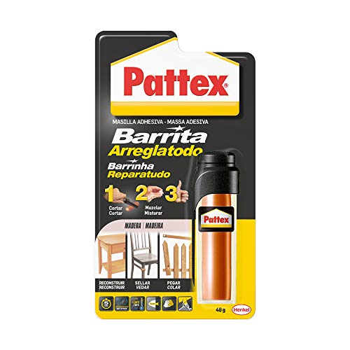 Pattex Barrita Arreglatodo Masilla bicomponente especial madera, pasta moldeable para pegar y reparar, resina epoxi barnizable y lijable para varias maderas, tubo 48 g Pattex Barrita Arreglatodo Masilla bicomponente especial madera, pasta moldeable para pegar y reparar, resina epoxi barnizable y lijable para varias maderas, tubo 48 g