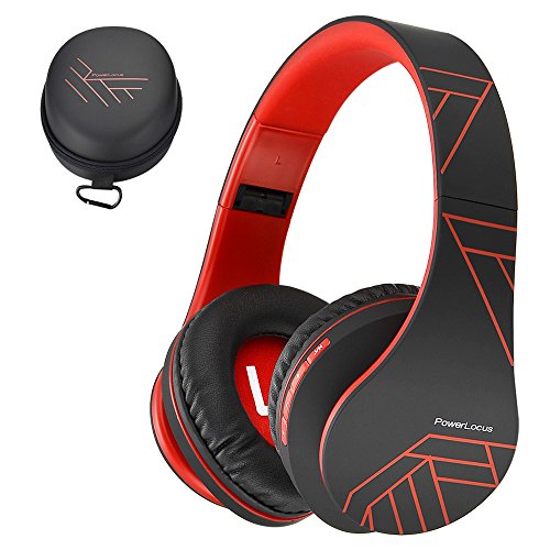 PowerLocus P2 – Auriculares Bluetooth inalambricos de Diadema Cascos Plegables, Casco Bluetooth con Sonido Estéreo Micro SD/TF, FM con micrófono y Audio Cable para Movil, PC, Tablet - Negro/Rojo