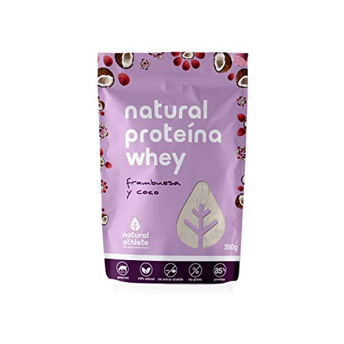 Proteína Whey Frambuesa/Coco Natural Athlete Aislado de Suero de Leche de Vacas de Pastoreo Sin Azúcar Añadido, 100% Natural, Sin Gluten – 350 g