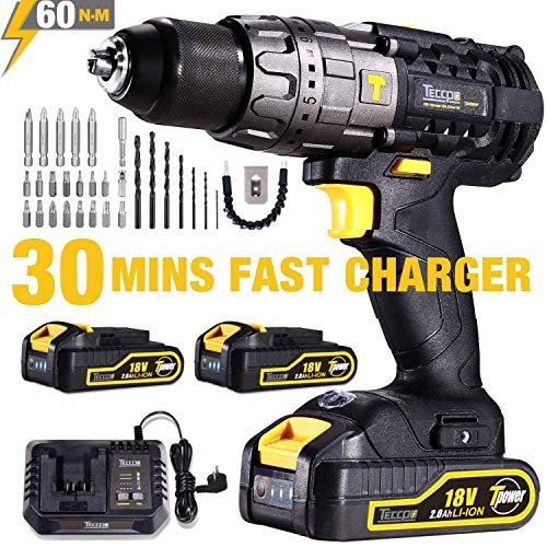 Taladro Atornillador 18V, TECCPO Taladro Percutor, 60 Nm, 30min Cargador Rapido, 2x 2.0AhBaterías Litio 18V, 13 mm Mandril Portabrocas Automatico,Taladro con Percusión-TDHD01P Taladro Atornillador 18V, TECCPO Taladro Percutor, 60 Nm, 30min Cargador Rapido, 2x 2.0AhBaterías Litio 18V, 13 mm Mandril Portabrocas Automatico,Taladro con Percusión-TDHD01P