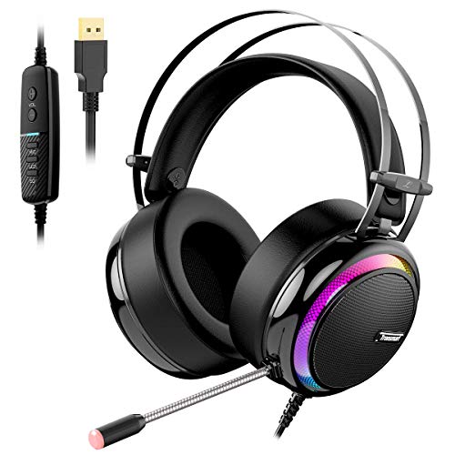 Tronsmart Auriculares gaming profesional con Micrófono Diadema LED-Glary-Cascos Gaming Sonido Envolvente 7.1-Drivers de neodimio 50mm-micrófono flexible con cancelación de ruido,PC&PS4 gamer