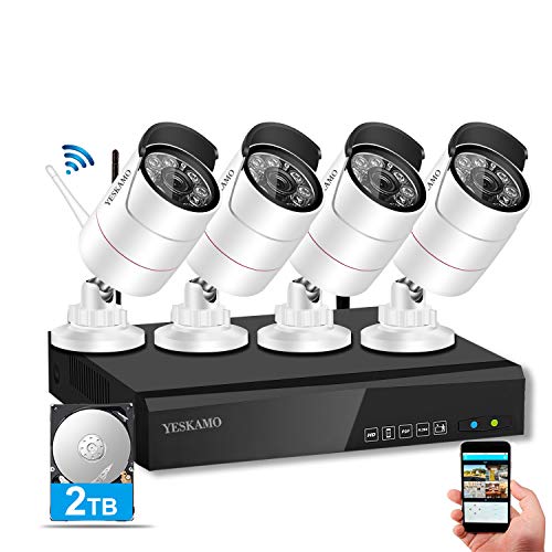 YESKAMO Kit Cámaras de Vigilancia Wifi Exterior 8 Canales con 4 Cámaras Wifi 1080p Full HD y 2.0 Megapíxele, CCTV Cámaras IP de Videovigilancia con Disco Duro de 2TB