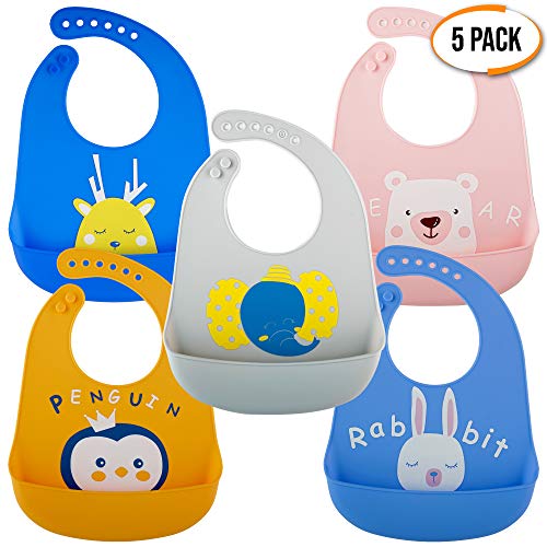 5 Baberos Blando de Silicona para Bebés Impermeable, 5 Colores - Ajustable, Flexible, Cómodo y Fácil de Limpiar| Sin BPA - Baby Bib para Destete| Regalo de Baby Shower Navidad Ideal.