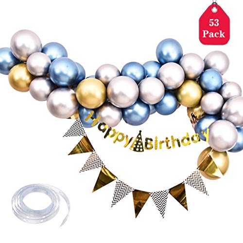Amycute 53 pcs Globos Metalizados de Látex, Globos de Azul Platas Oro Guirnalda Bandera Triangular Happy Birthday Banner para Fiesta de Cumpleaños, Bodas, Decoración con Cadena de Globos Amycute 53 pcs Globos Metalizados de Látex, Globos de Azul Platas Oro Guirnalda Bandera Triangular Happy Birthday Banner para Fiesta de Cumpleaños, Bodas, Decoración con Cadena de Globos