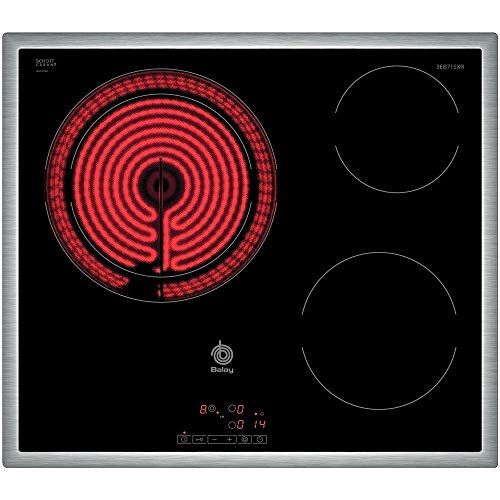 Balay 3EB715XR - Placa de cocina vitrocerámica de 60 cm de ancho, marco de acero inoxidable, 3 zonas de cocción, control táctil, color negro