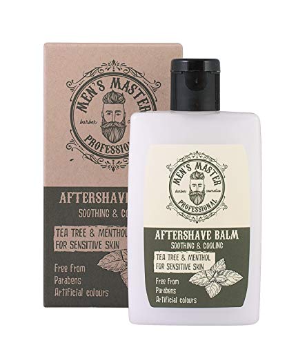 Bálsamo Aftershave en Crema"Árbol de té y mentol" para después del afeitado, para pieles sensibles con efecto refrescante. Sin parabenos, sin colorantes artificiales, 120 ml de Men's Master.