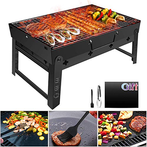 Barbacoa Portátil GolWof Barbacoa Plegable Barbacoa de Acero Inoxidable Barbacoa Carbón Parrilla con BBQ Tapete, BBQ Clip y Cepillo de Aceite para Jardín Exterior Campamento Picnic 44*29*23cm