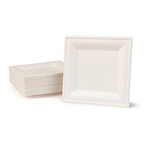 BIOZOYG Vajilla ecológica de bagazo desechable | 50 Piezas Platos de caña de azúcar Blanca Angular blanqueada 16x16 cm | Vajilla Desechable Bio Plato de Comer Plato de Fiesta