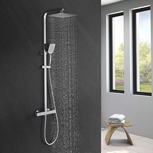 BONADE Columna de Ducha Termostática 38 °C Conjunto de Ducha Cuadrado para Baño con 10" Alcachofa Ducha Lluvia en Acero Inoxidable y 3 Tipos Ducha de Mano y Barra Altura Ajustable