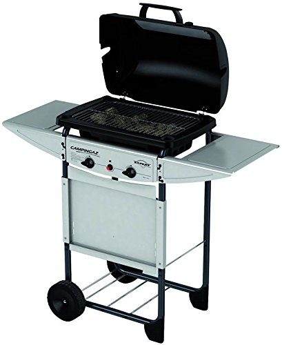 Campingaz Expert Plus Barbacoa gas piedra volcanica, parrilla gas con dos quemadores compactos y quemador lateral, 7 kW de potencia, parrilla de acero y mesas laterales