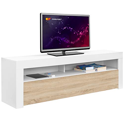 COMIFORT Mueble de TV - Mesa de Salón de Estilo Moderno con Puerta Abatible con Estantes de Gran Almacenaje, Muy Resistente, Fabricada en Europa, Color Blanco y Roble