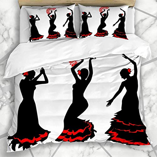 Conjuntos de funda nórdica Grace Silhouette con tres siluetas Bailaora de flamenco Gitana Ritmo Fan España Rumba Personas Tango Suave Microfibra Dormitorio decorativo con 2 fundas de almohada